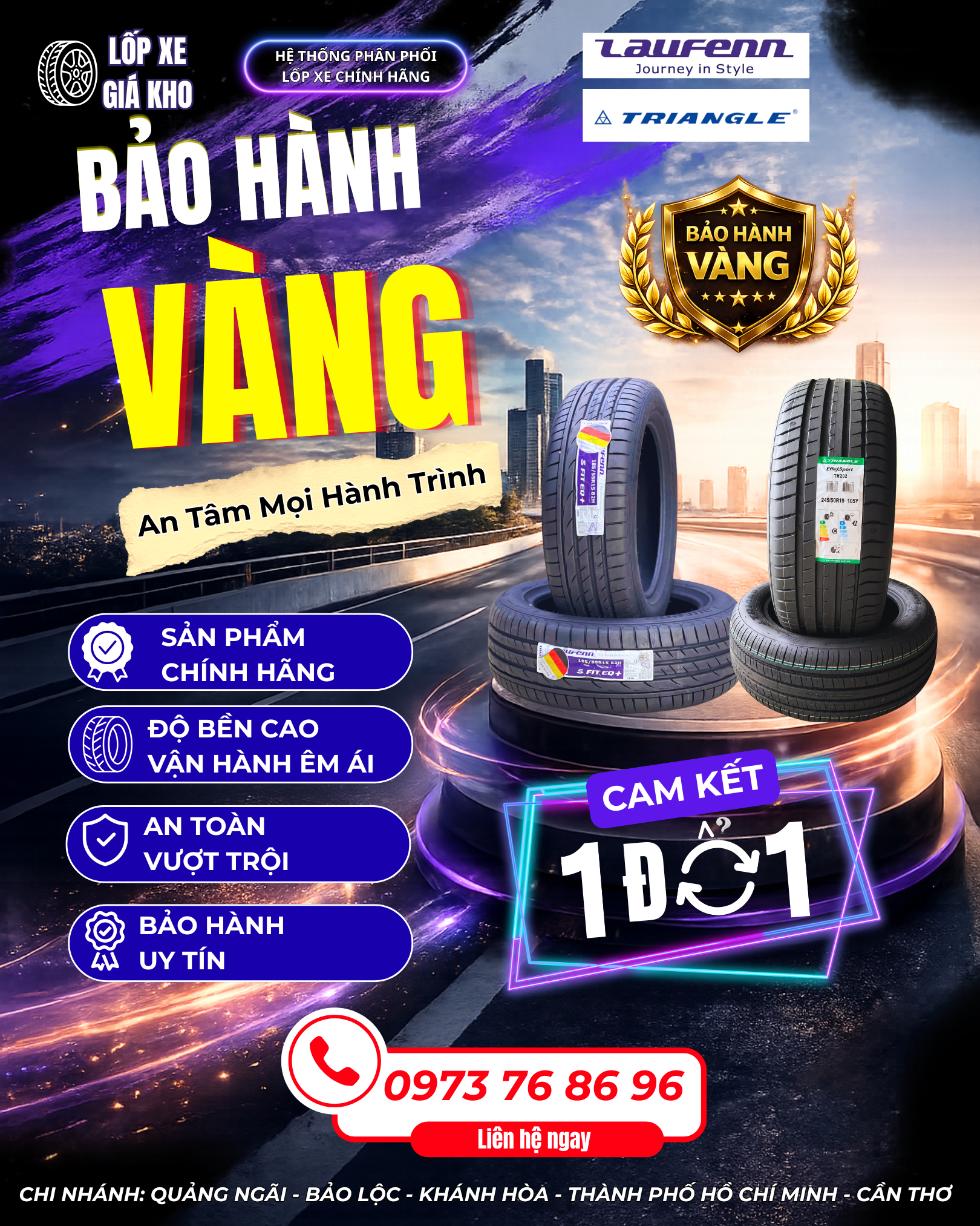 Bảo Hành Vàng Laufenn & Triangle – Cam Kết 1 Đổi 1 | Lốp Xe Giá Kho